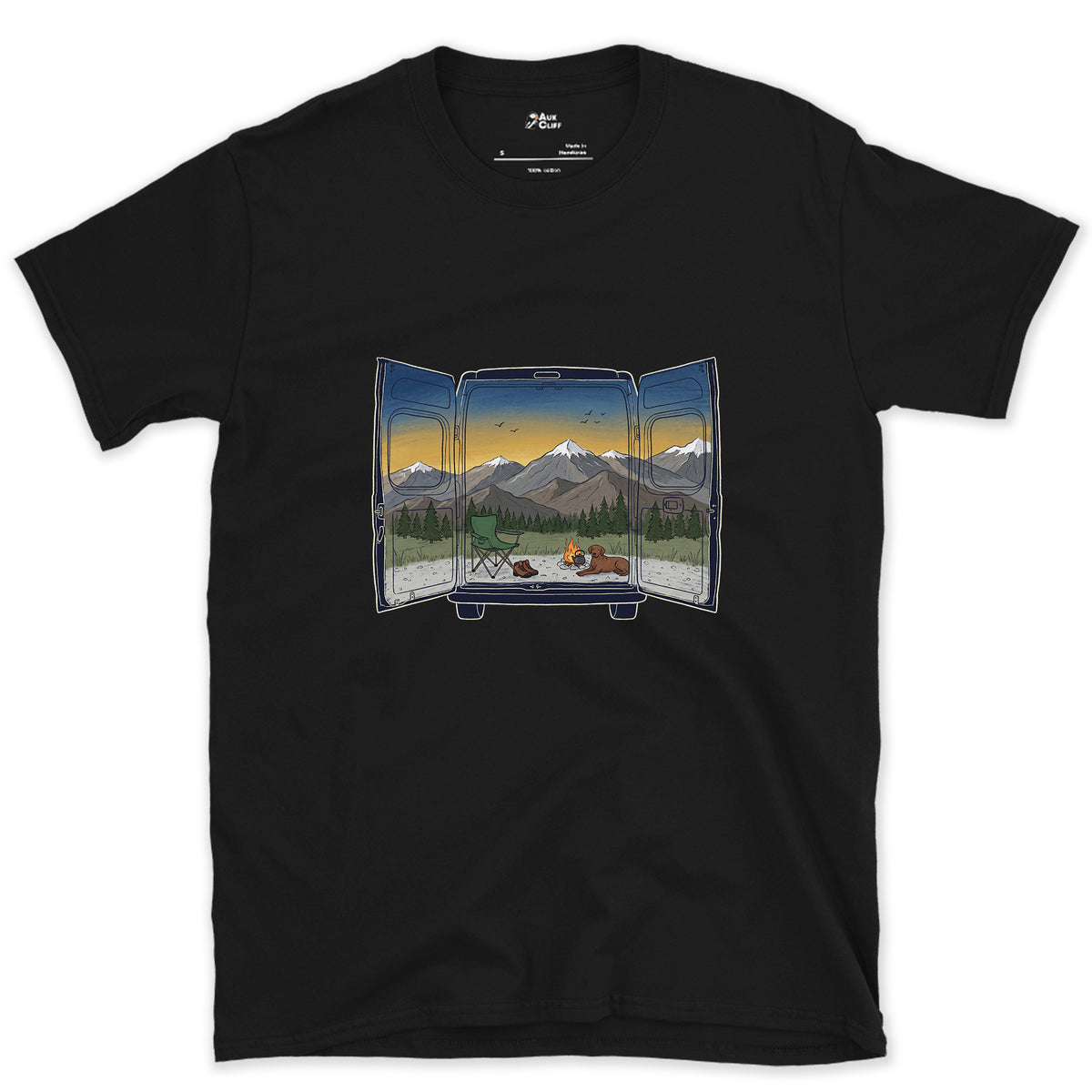 The View Out the Van Back Doors design on a Black Gildan Softstyle t-shirt