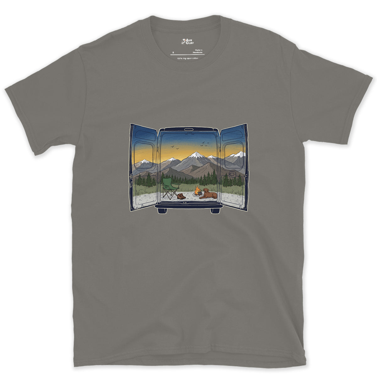 The View Out the Van Back Doors design on a Charcoal Gildan Softstyle t-shirt