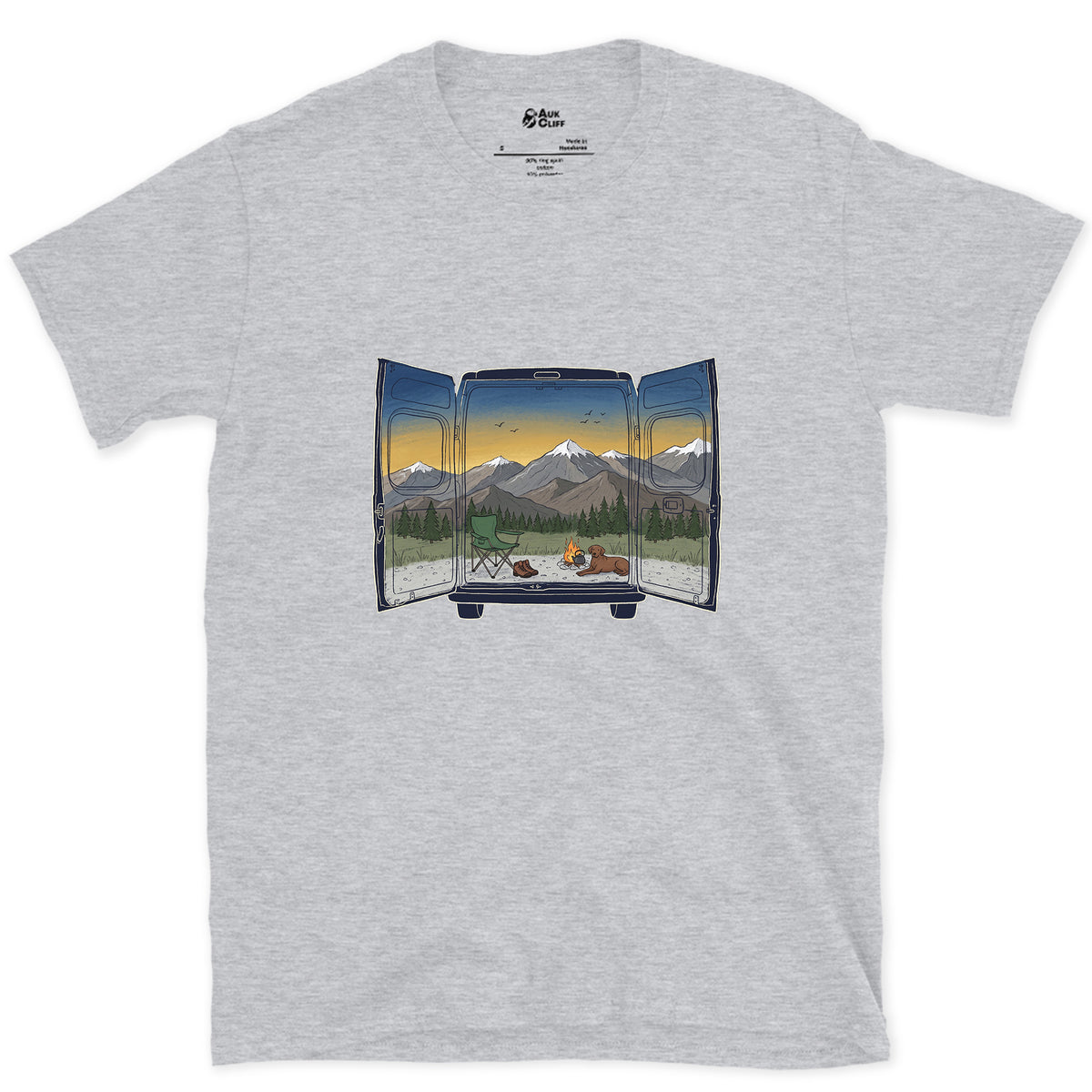 The View Out the Van Back Doors design on a Sport Grey Gildan Softstyle t-shirt