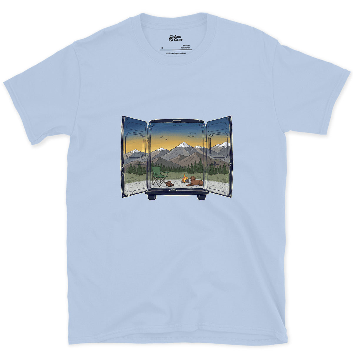 The View Out the Van Back Doors design on a Light Blue Gildan Softstyle t-shirt