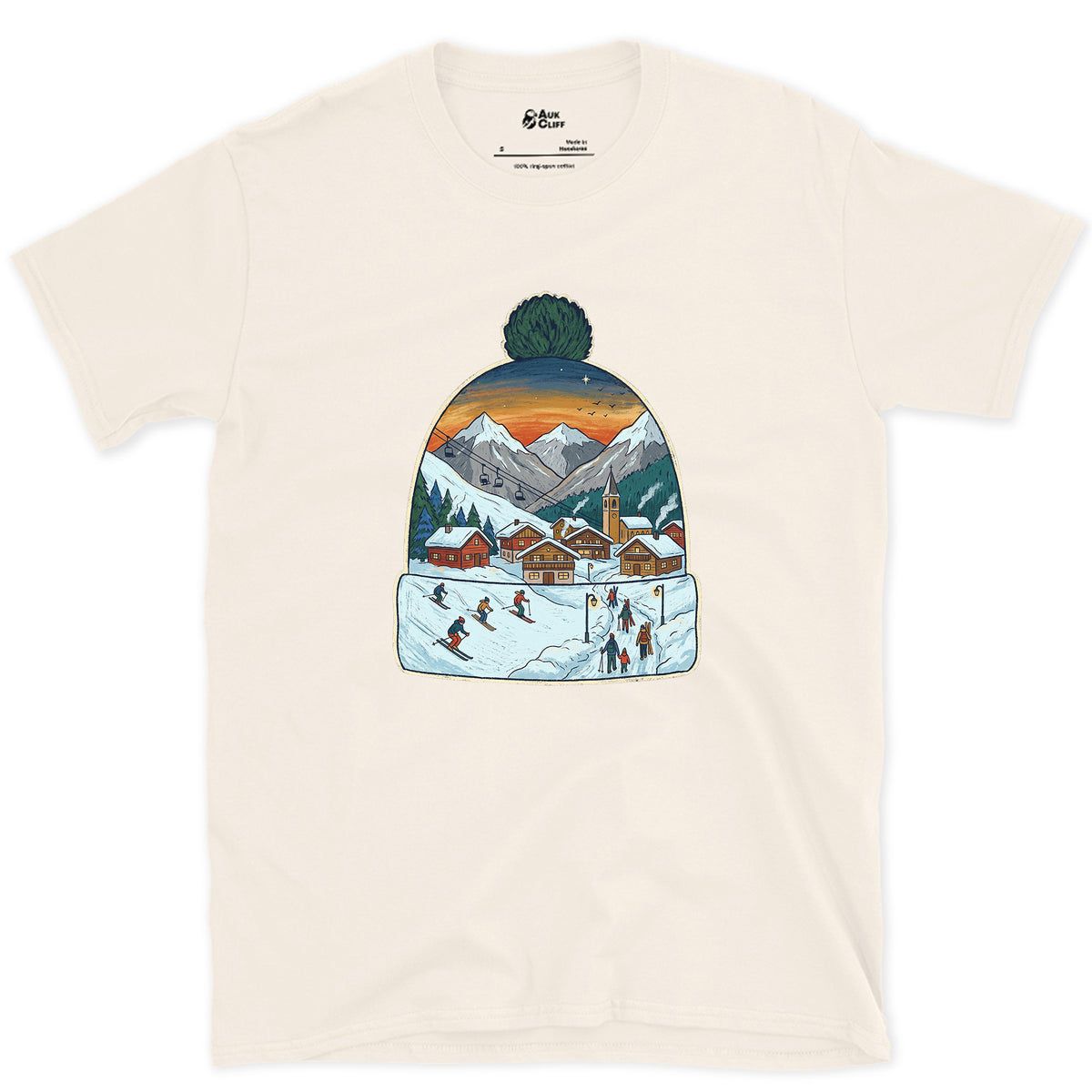 The Village Lights Up, Ski Beanie design on a Natural Gildan Softstyle t-shirt