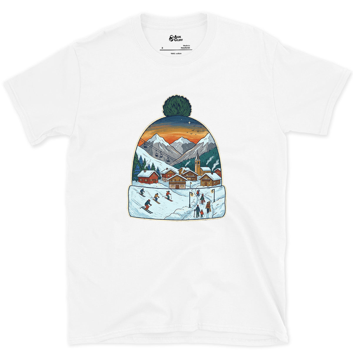 The Village Lights Up, Ski Beanie design on a White Gildan Softstyle t-shirt