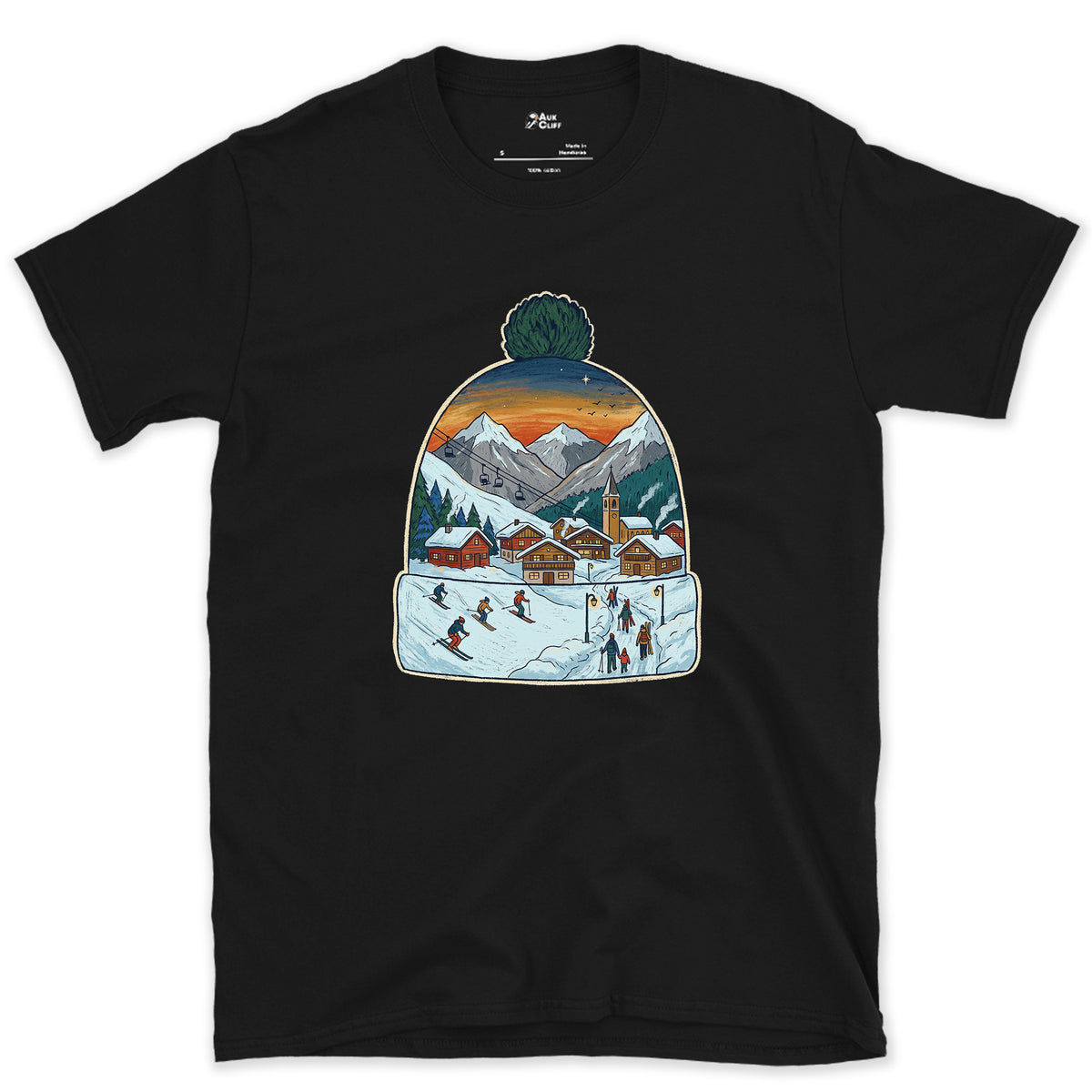 The Village Lights Up, Ski Beanie design on a Black Gildan Softstyle t-shirt
