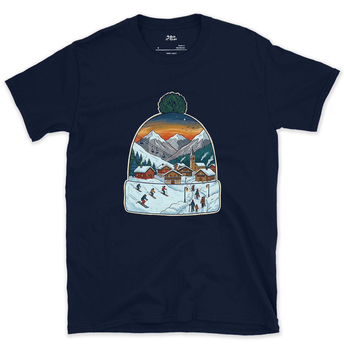 The Village Lights Up, Ski Beanie design on a Navy Gildan Softstyle t-shirt