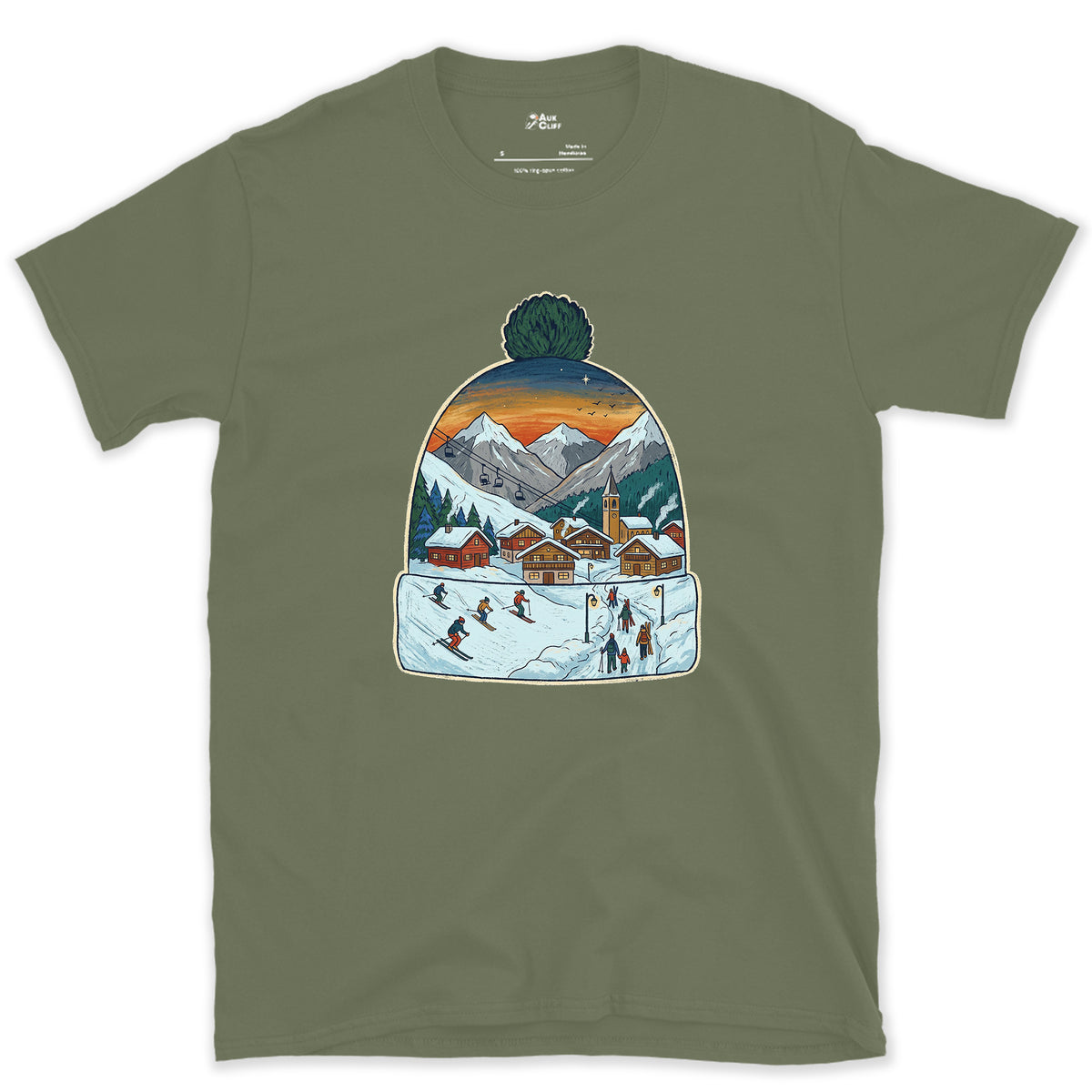 The Village Lights Up, Ski Beanie design on a Military Green Gildan Softstyle t-shirt