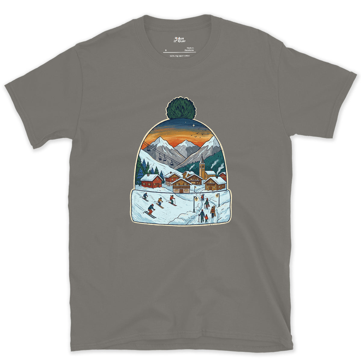 The Village Lights Up, Ski Beanie design on a Charcoal Gildan Softstyle t-shirt