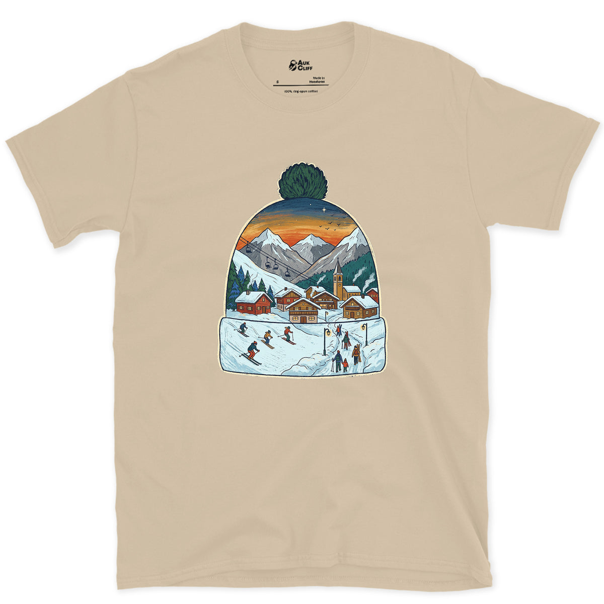 The Village Lights Up, Ski Beanie design on a Sand Gildan Softstyle t-shirt