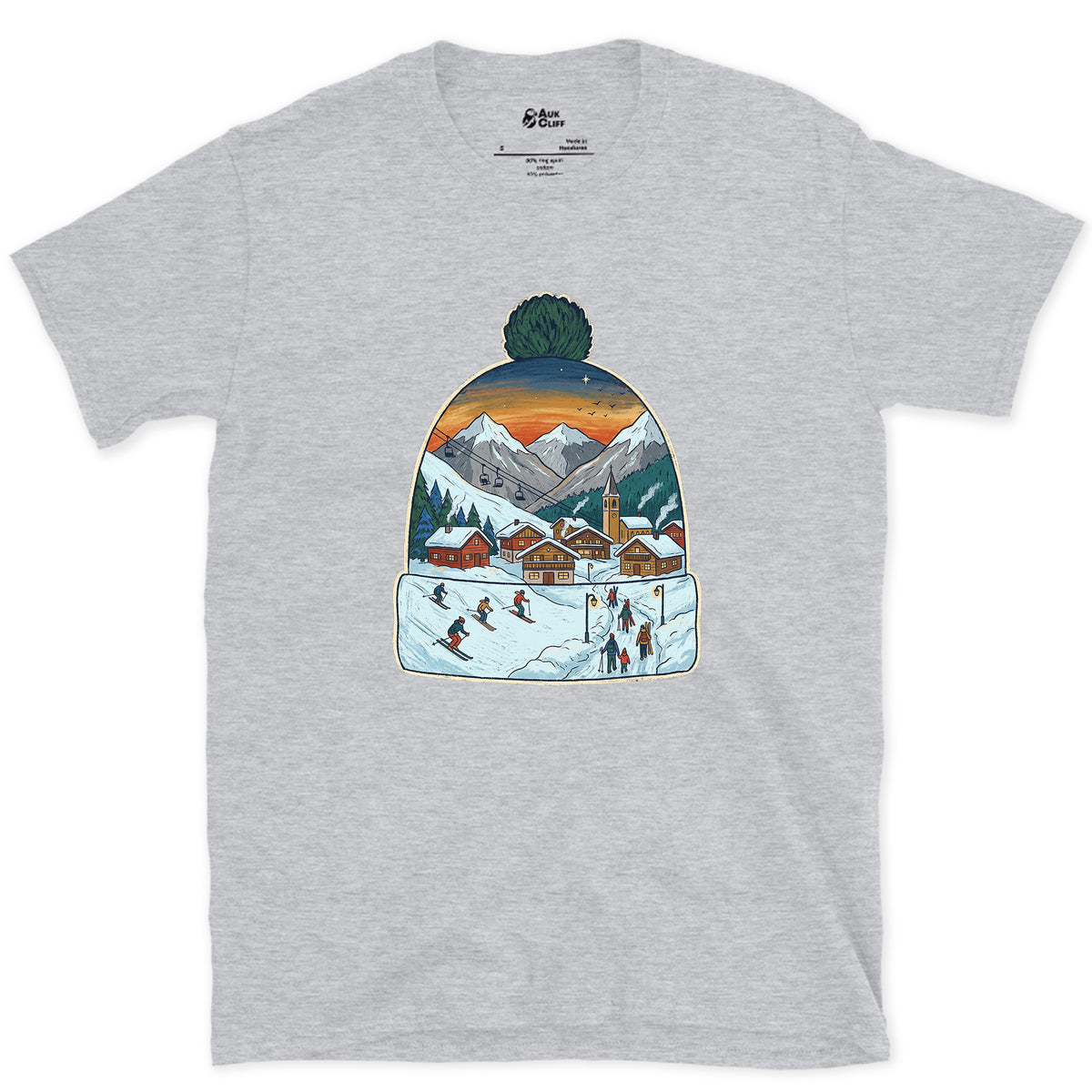 The Village Lights Up, Ski Beanie design on a Sport Grey Gildan Softstyle t-shirt