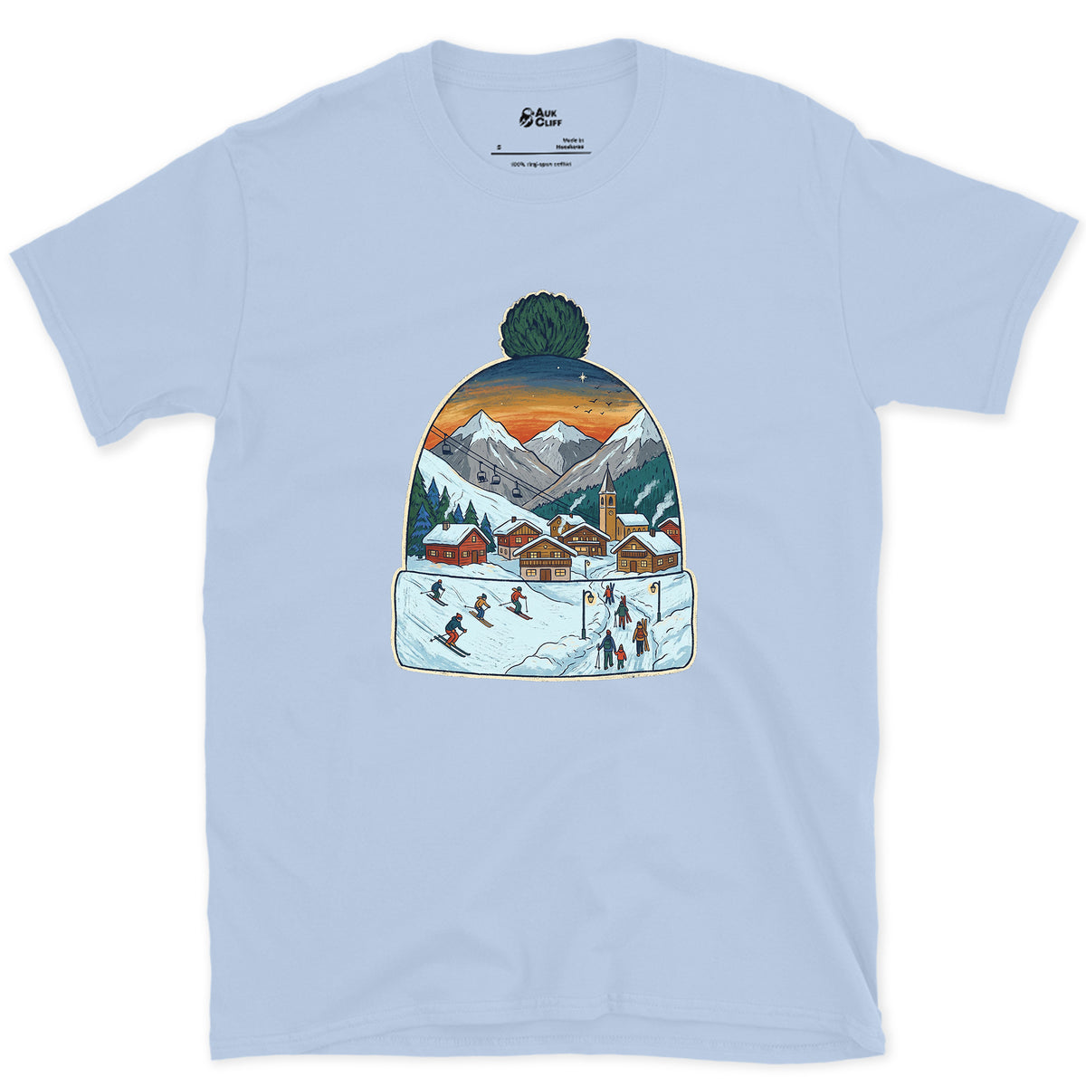 The Village Lights Up, Ski Beanie design on a Light Blue Gildan Softstyle t-shirt