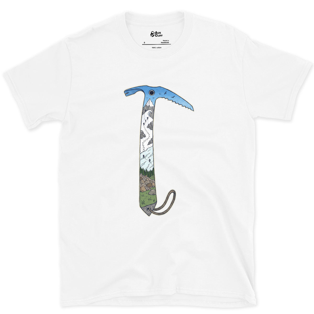 The Whole Climb in One Axe design on a White Gildan Softstyle t-shirt