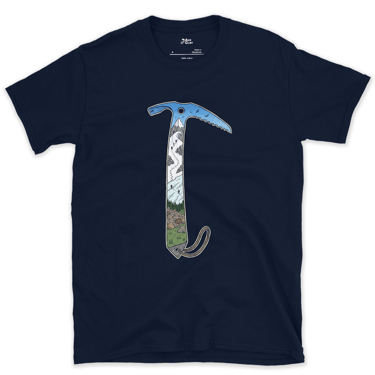 The Whole Climb in One Axe design on a Navy Gildan Softstyle t-shirt
