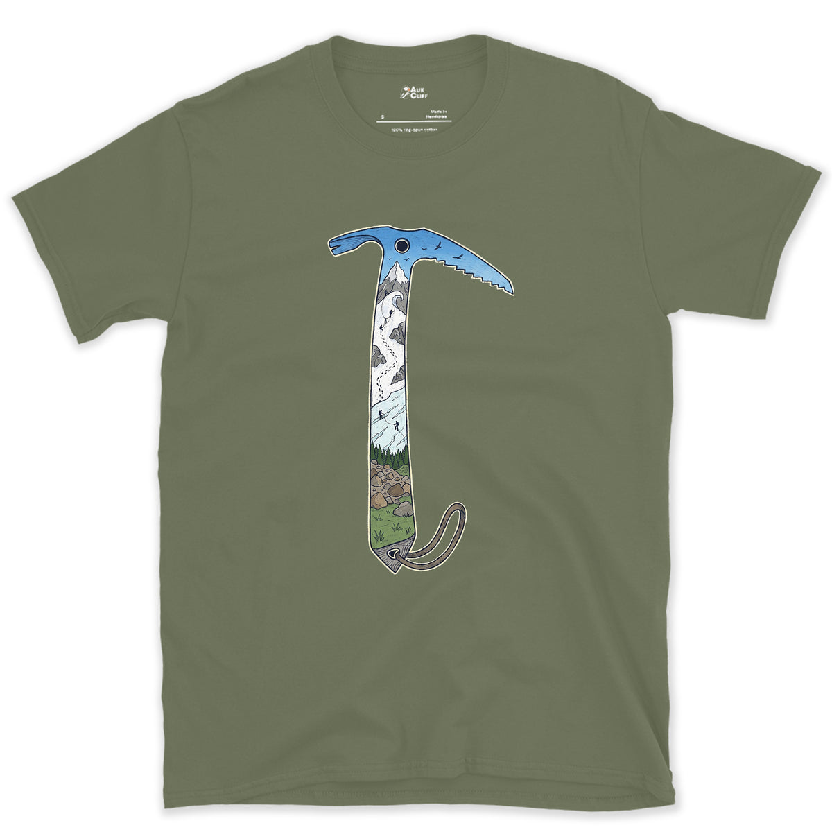 The Whole Climb in One Axe design on a Military Green Gildan Softstyle t-shirt