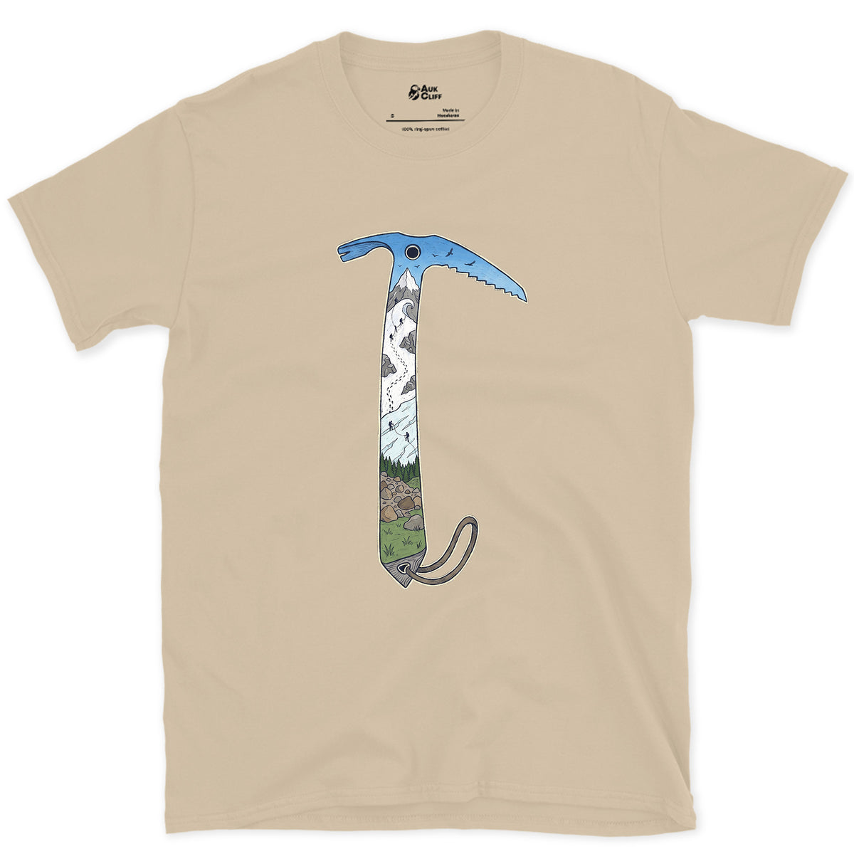 The Whole Climb in One Axe design on a Sand Gildan Softstyle t-shirt