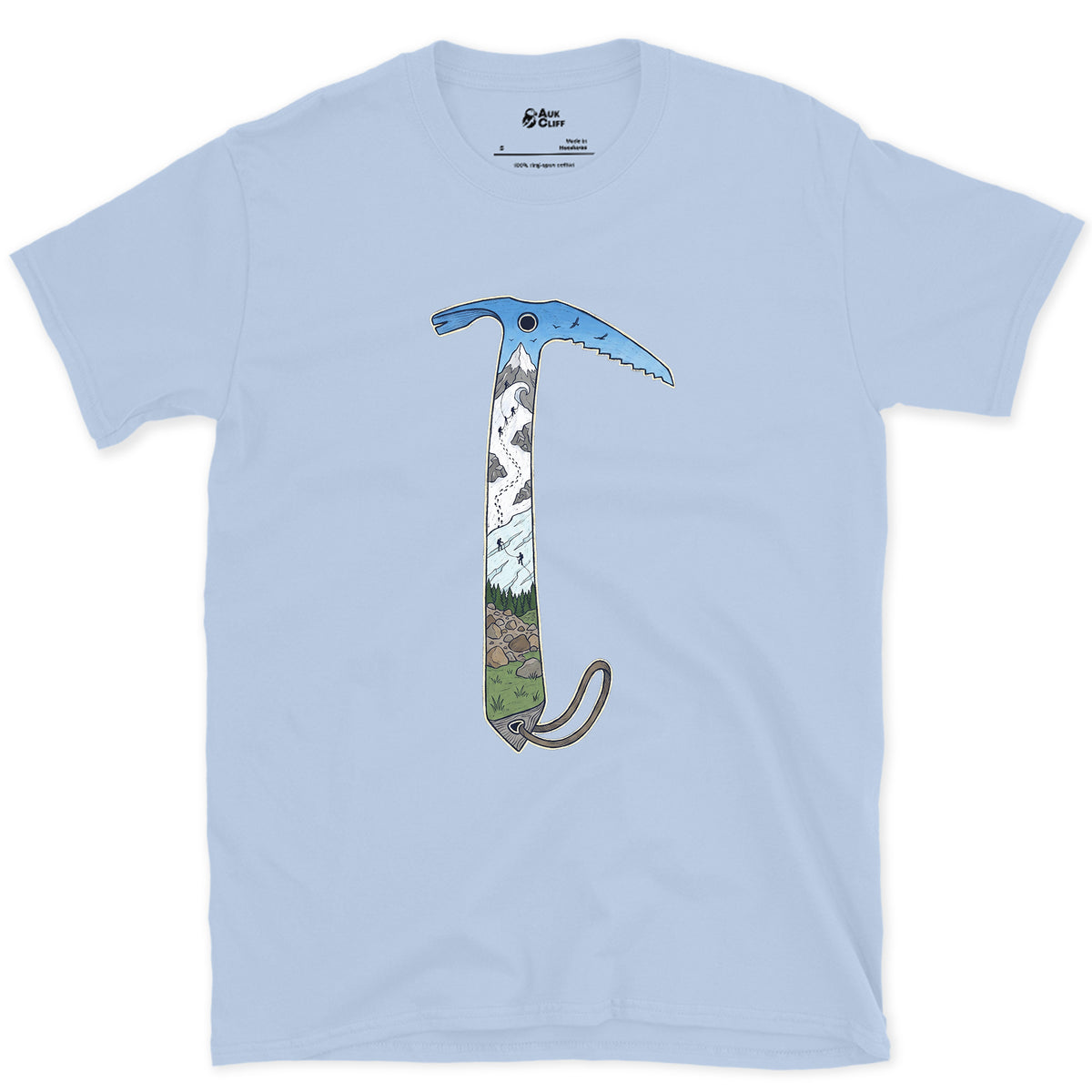 The Whole Climb in One Axe design on a Light Blue Gildan Softstyle t-shirt