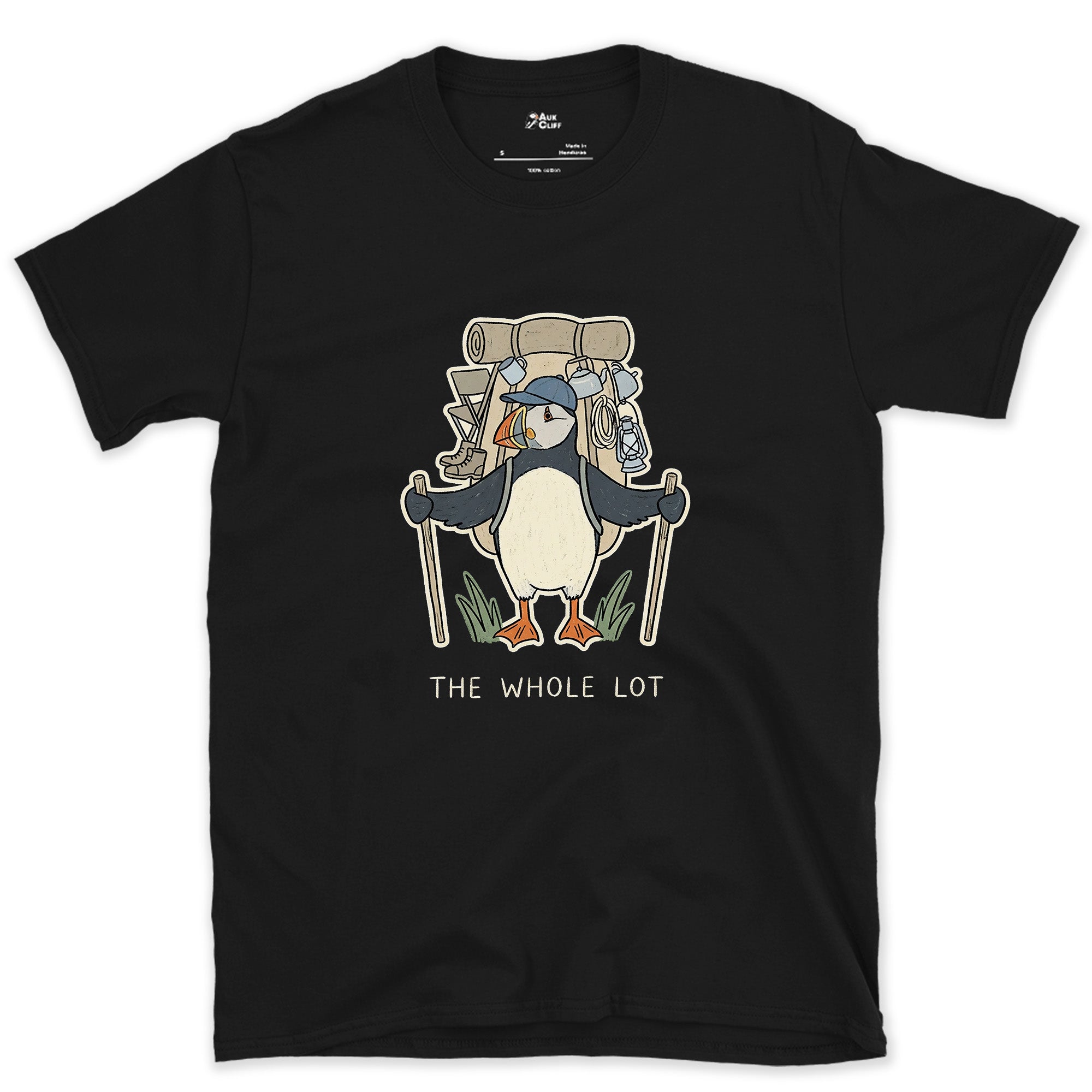 The Whole Lot, Puffin Hiker design on a Black Gildan Softstyle t-shirt