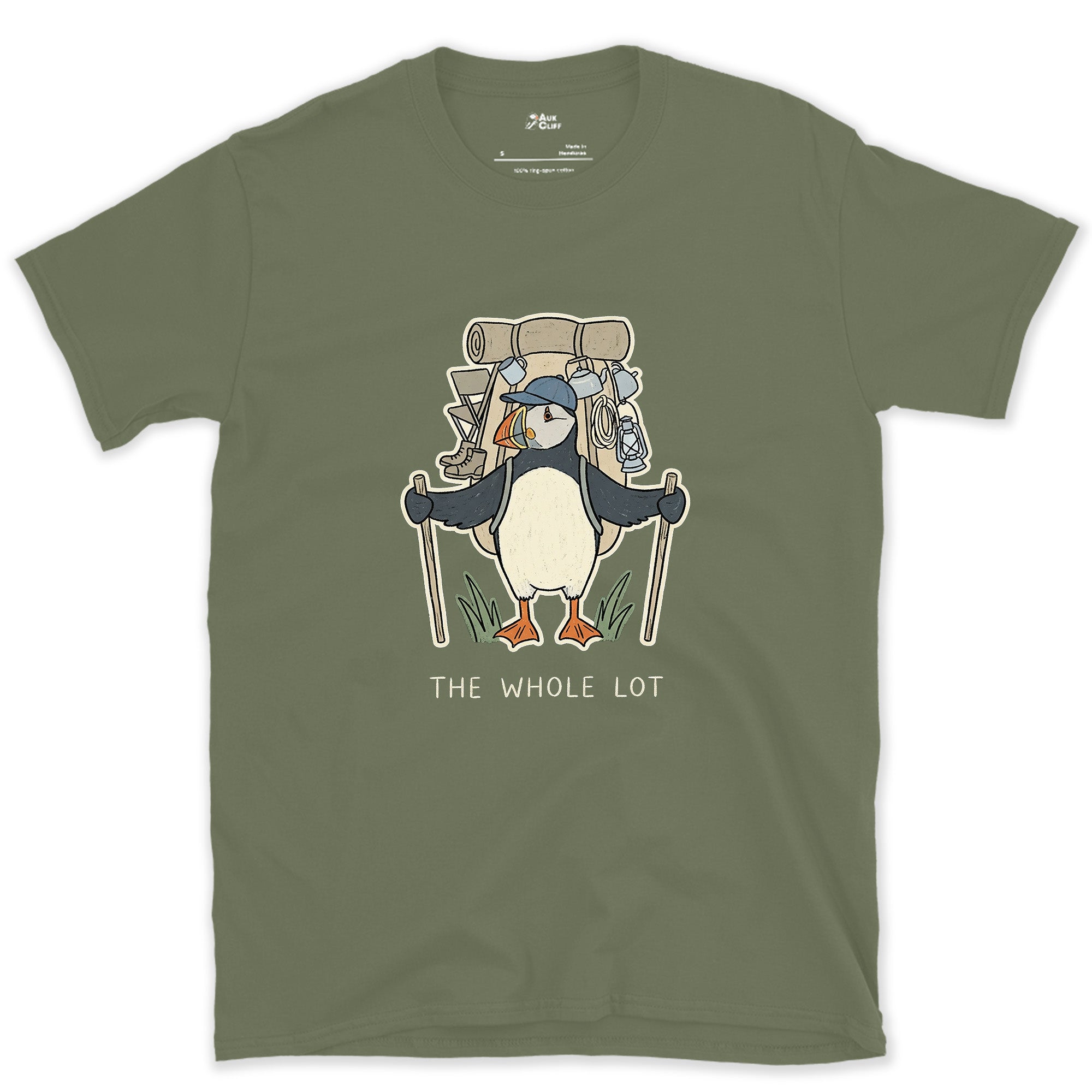 The Whole Lot, Puffin Hiker design on a Military Green Gildan Softstyle t-shirt