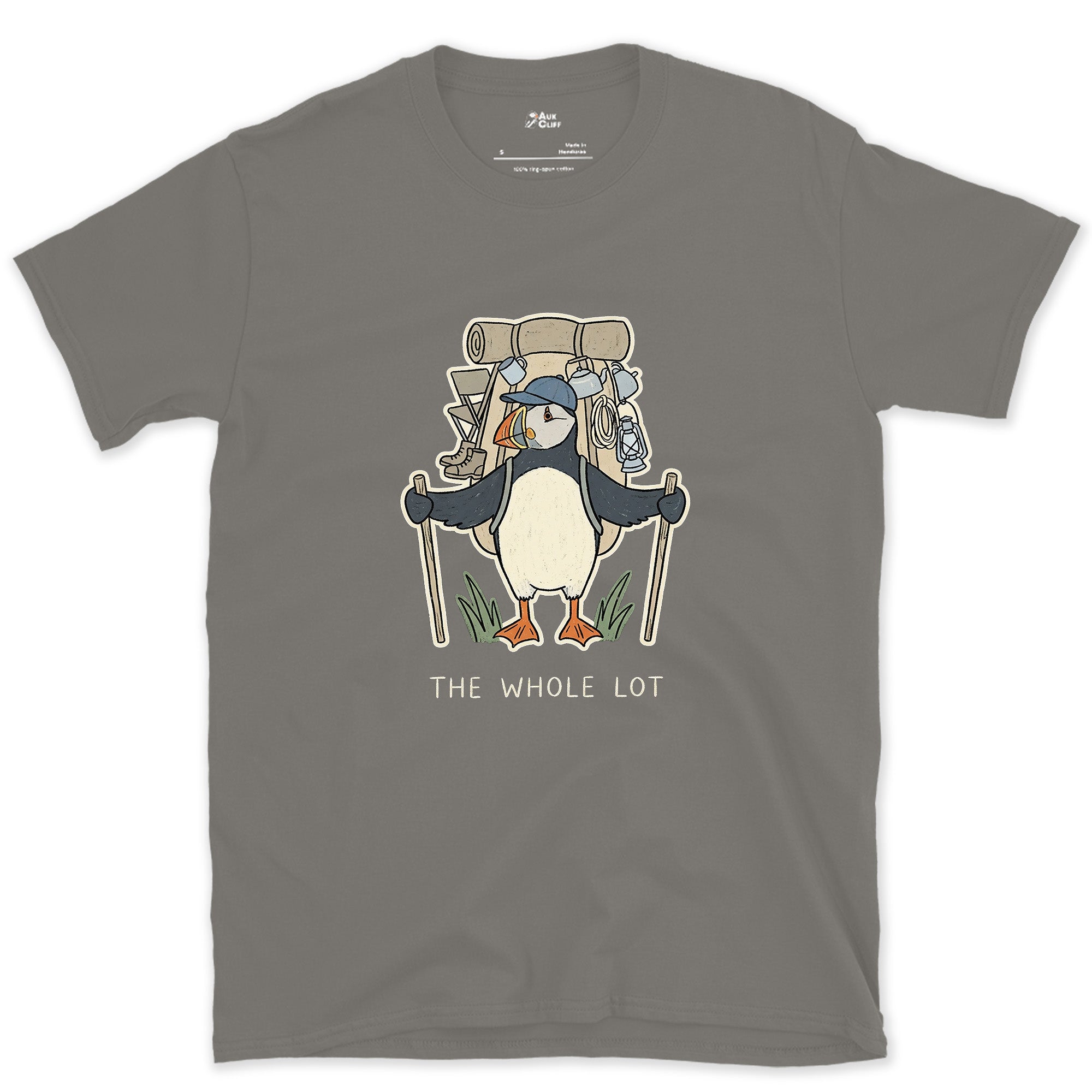 The Whole Lot, Puffin Hiker design on a Charcoal Gildan Softstyle t-shirt