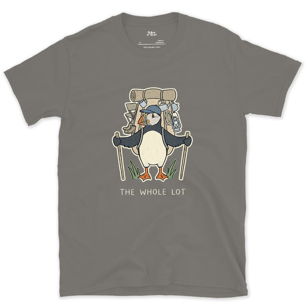 The Whole Lot, Puffin Hiker design on a Charcoal Gildan Softstyle t-shirt