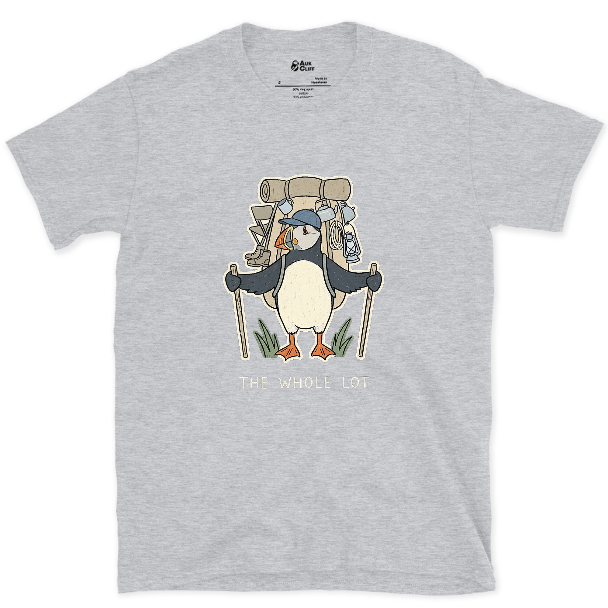 The Whole Lot, Puffin Hiker design on a Sport Grey Gildan Softstyle t-shirt
