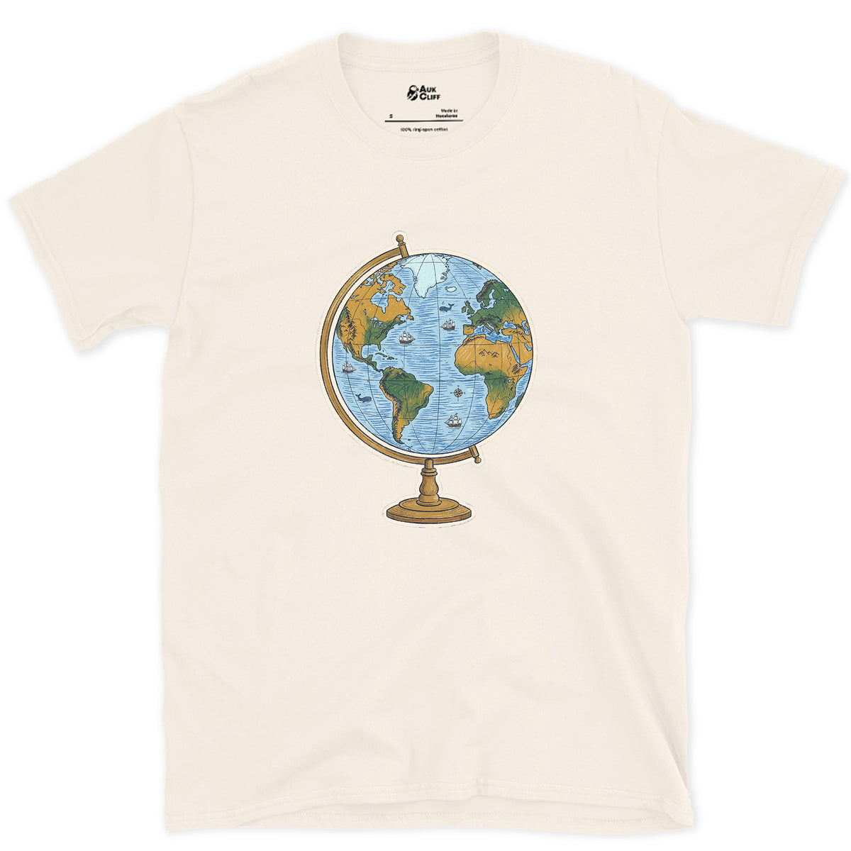 The Whole World on a Stand, Travel Globe design on a Natural Gildan Softstyle t-shirt