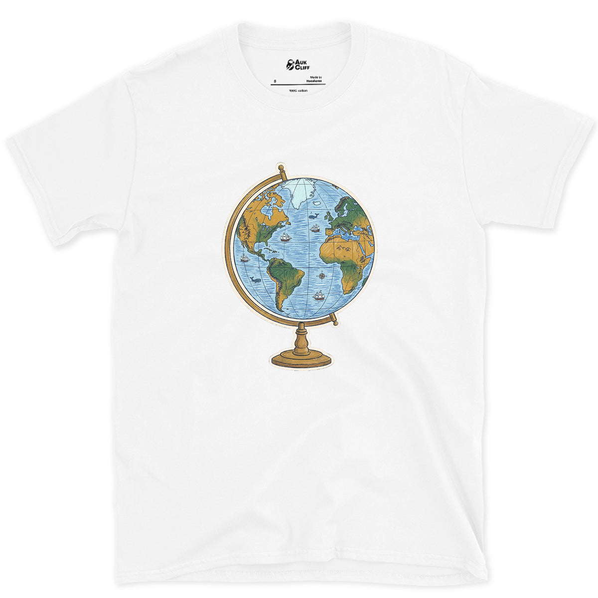 The Whole World on a Stand, Travel Globe design on a White Gildan Softstyle t-shirt
