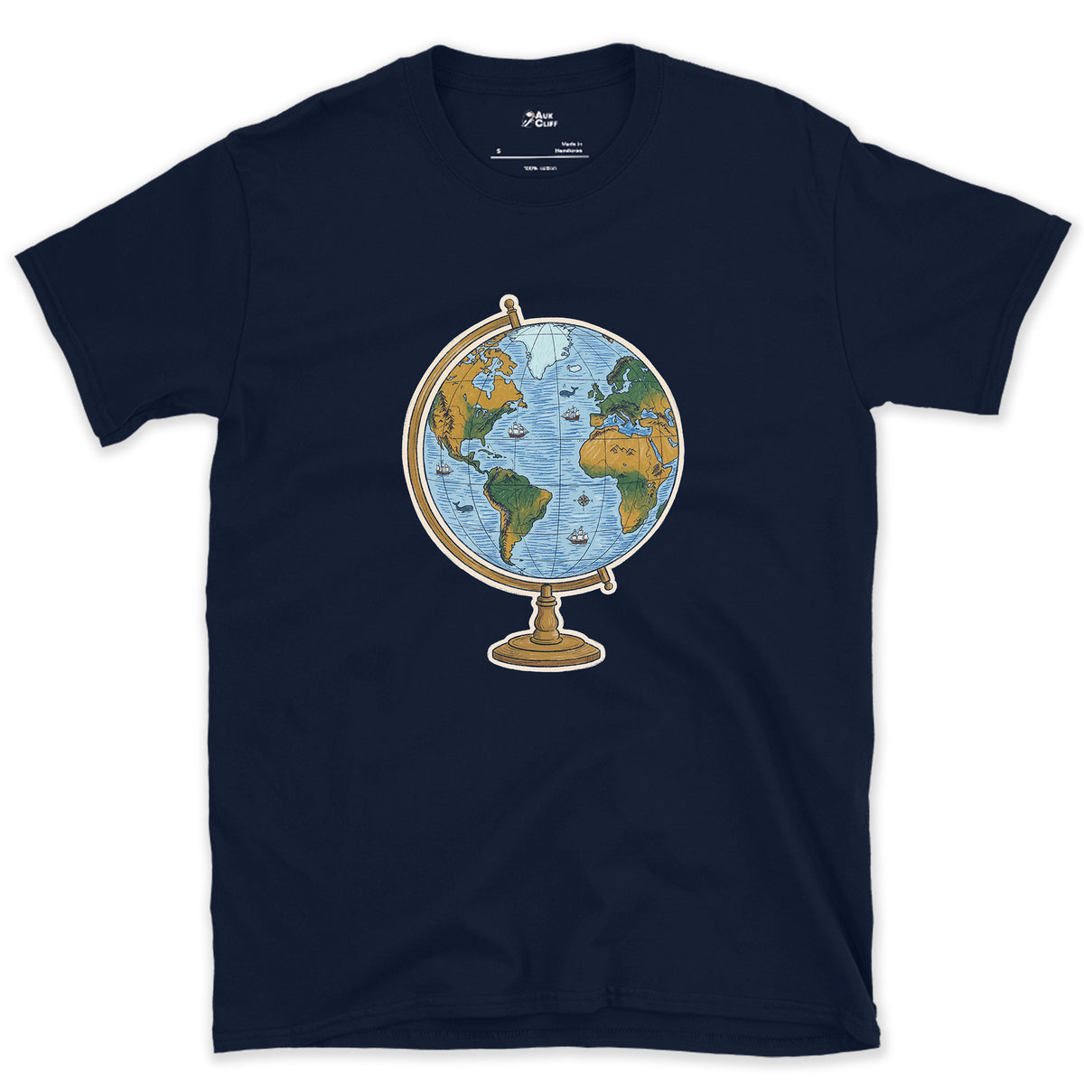 The Whole World on a Stand, Travel Globe design on a Navy Gildan Softstyle t-shirt