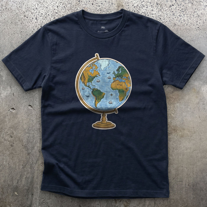 The Whole World on a Stand, Travel Globe design on a Navy Gildan Softstyle t-shirt