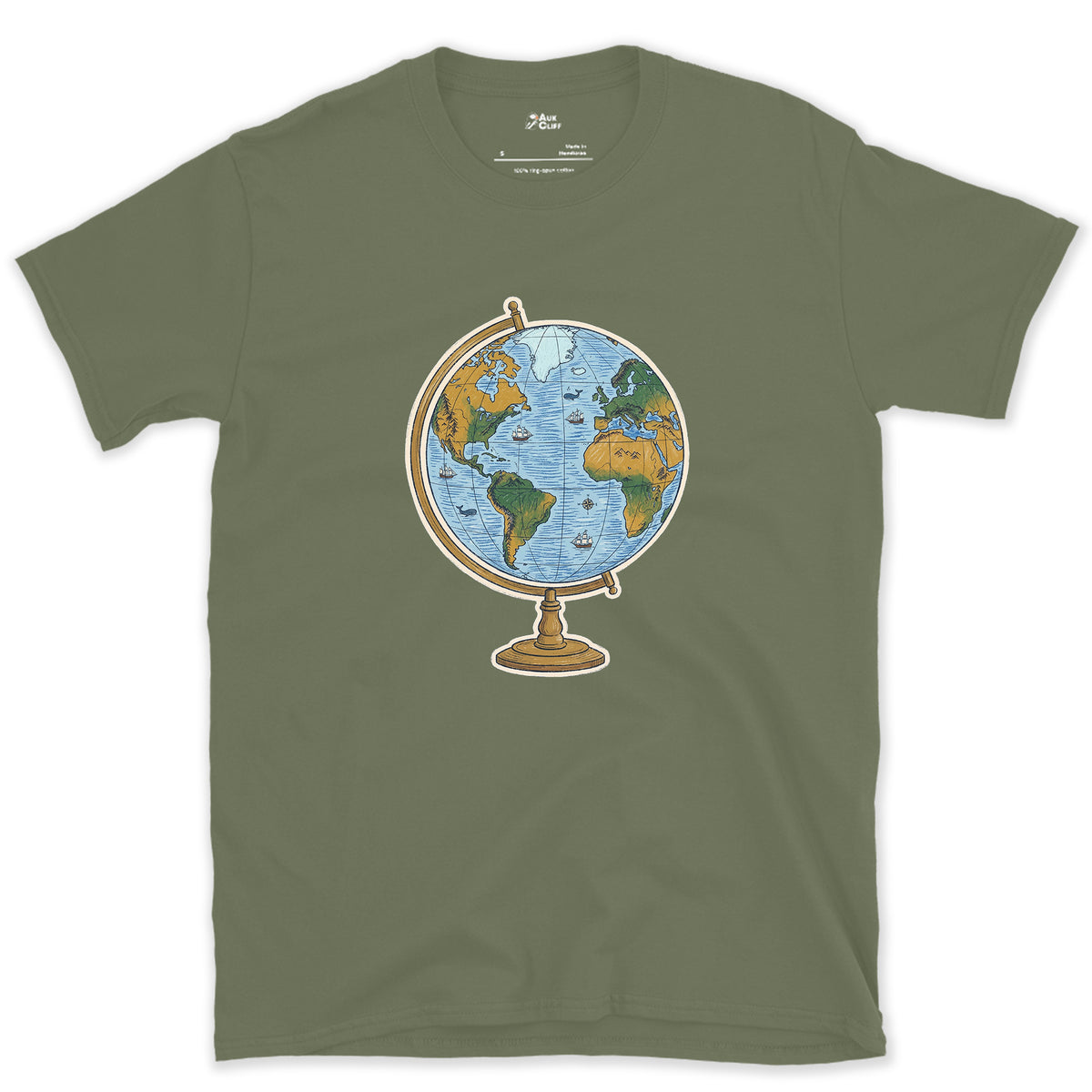 The Whole World on a Stand, Travel Globe design on a Military Green Gildan Softstyle t-shirt