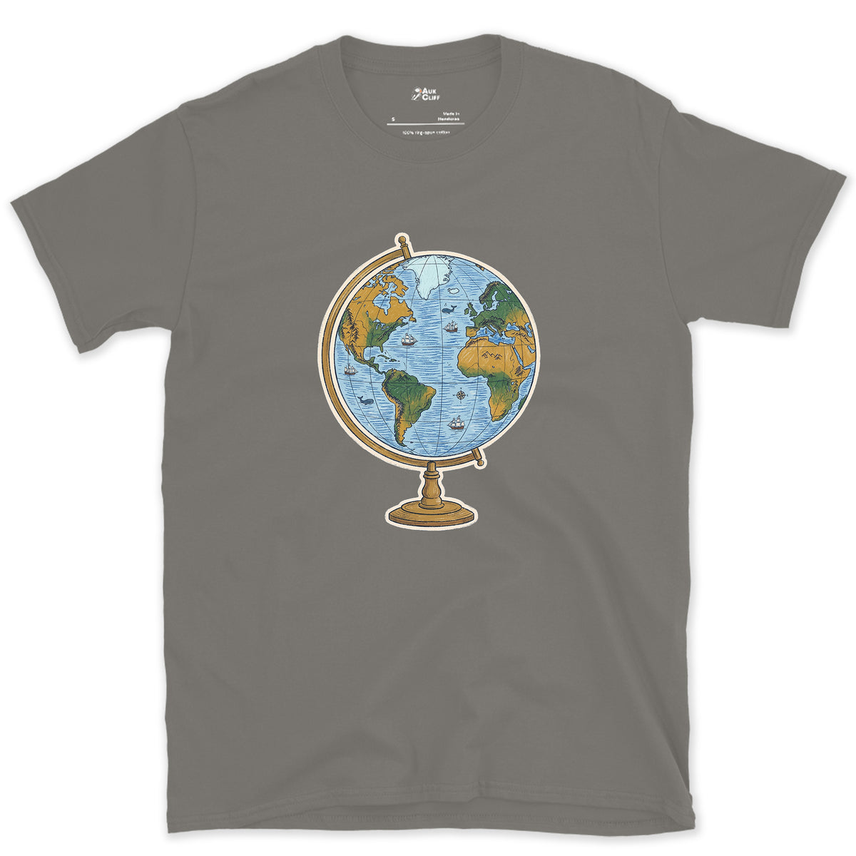 The Whole World on a Stand, Travel Globe design on a Charcoal Gildan Softstyle t-shirt