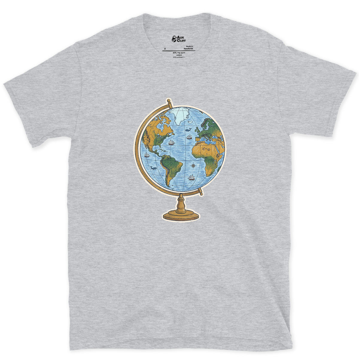 The Whole World on a Stand, Travel Globe design on a Sport Grey Gildan Softstyle t-shirt