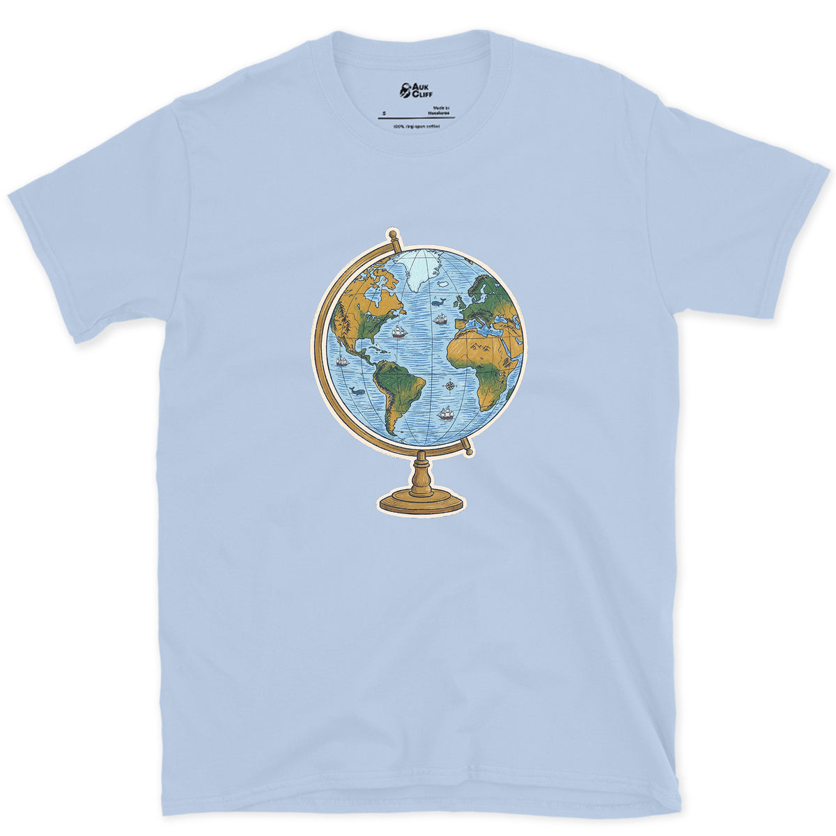The Whole World on a Stand, Travel Globe design on a Light Blue Gildan Softstyle t-shirt