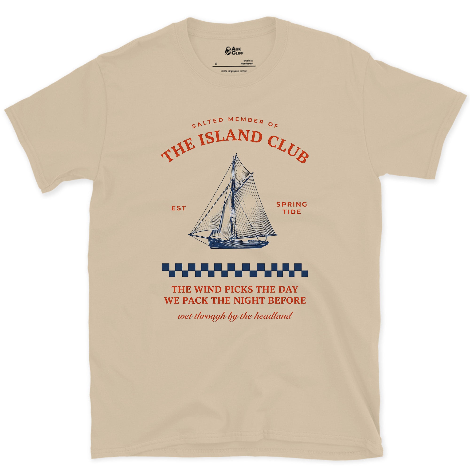 The Wind Picks the Day, Wet by the Headland design on a Sand Gildan Softstyle t-shirt