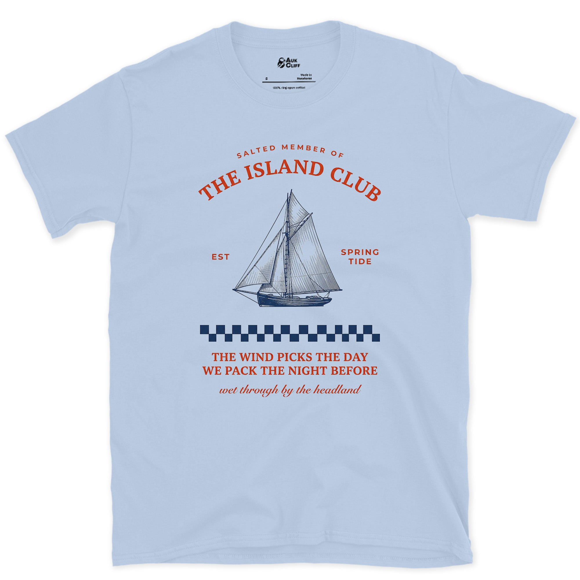 The Wind Picks the Day, Wet by the Headland design on a Light Blue Gildan Softstyle t-shirt