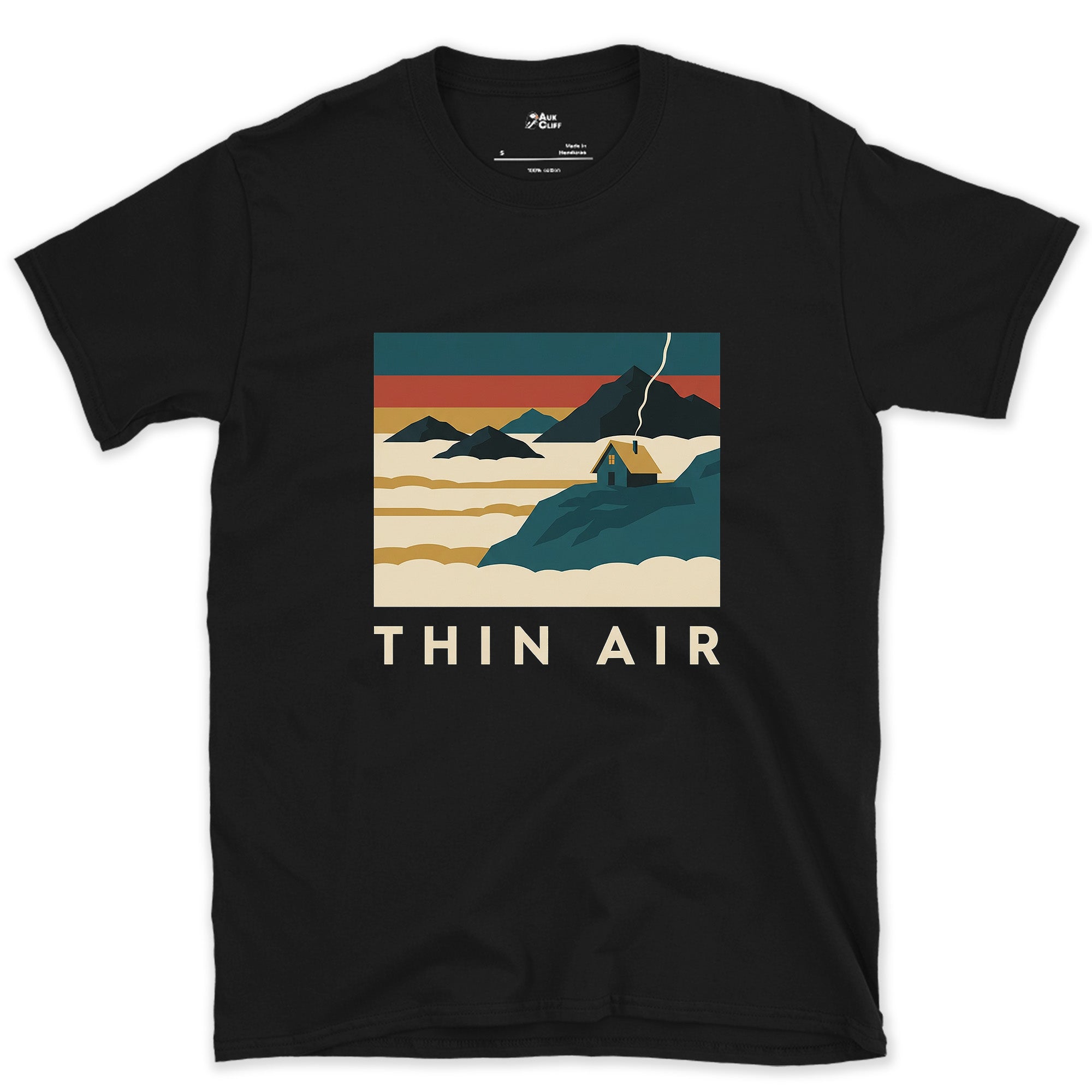 Thin Air, Cabin Above the Cloud Inversion design on a Black Gildan Softstyle t-shirt