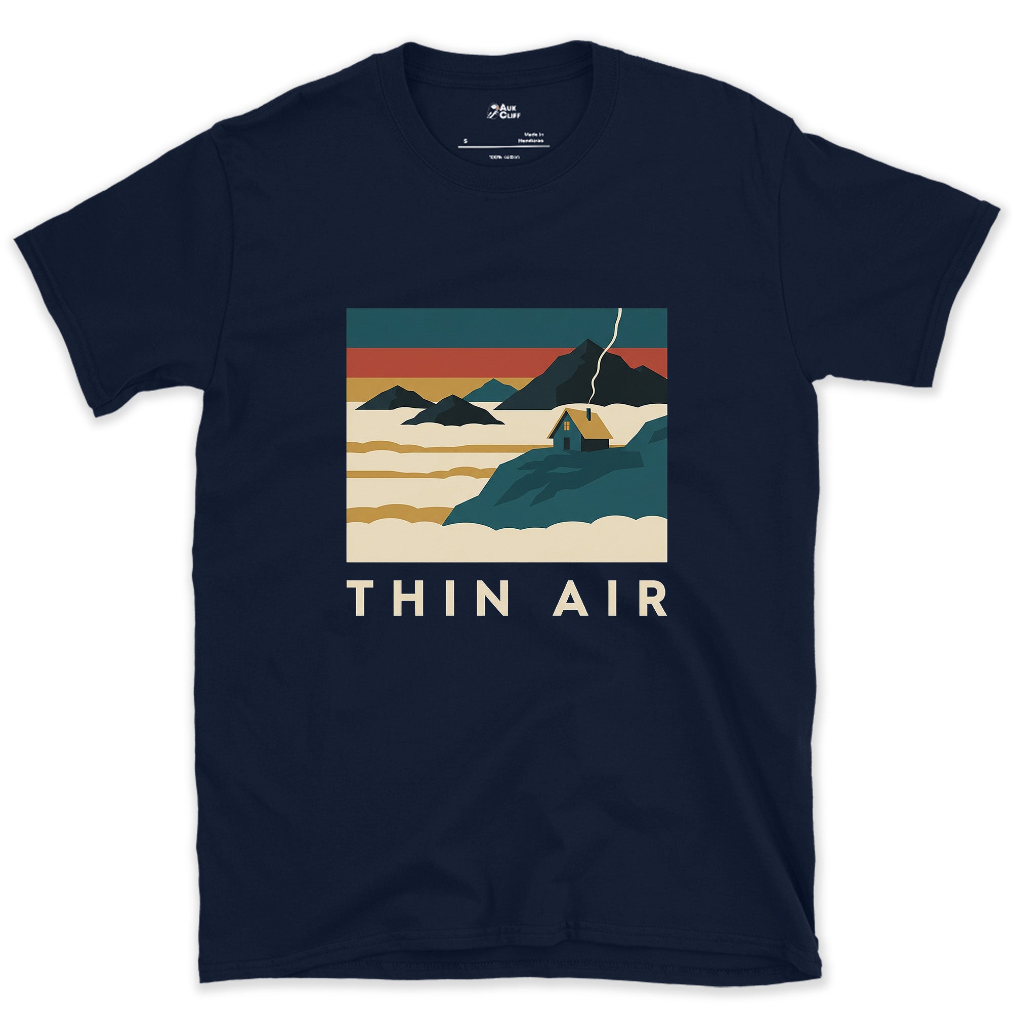 Thin Air, Cabin Above the Cloud Inversion design on a Navy Gildan Softstyle t-shirt