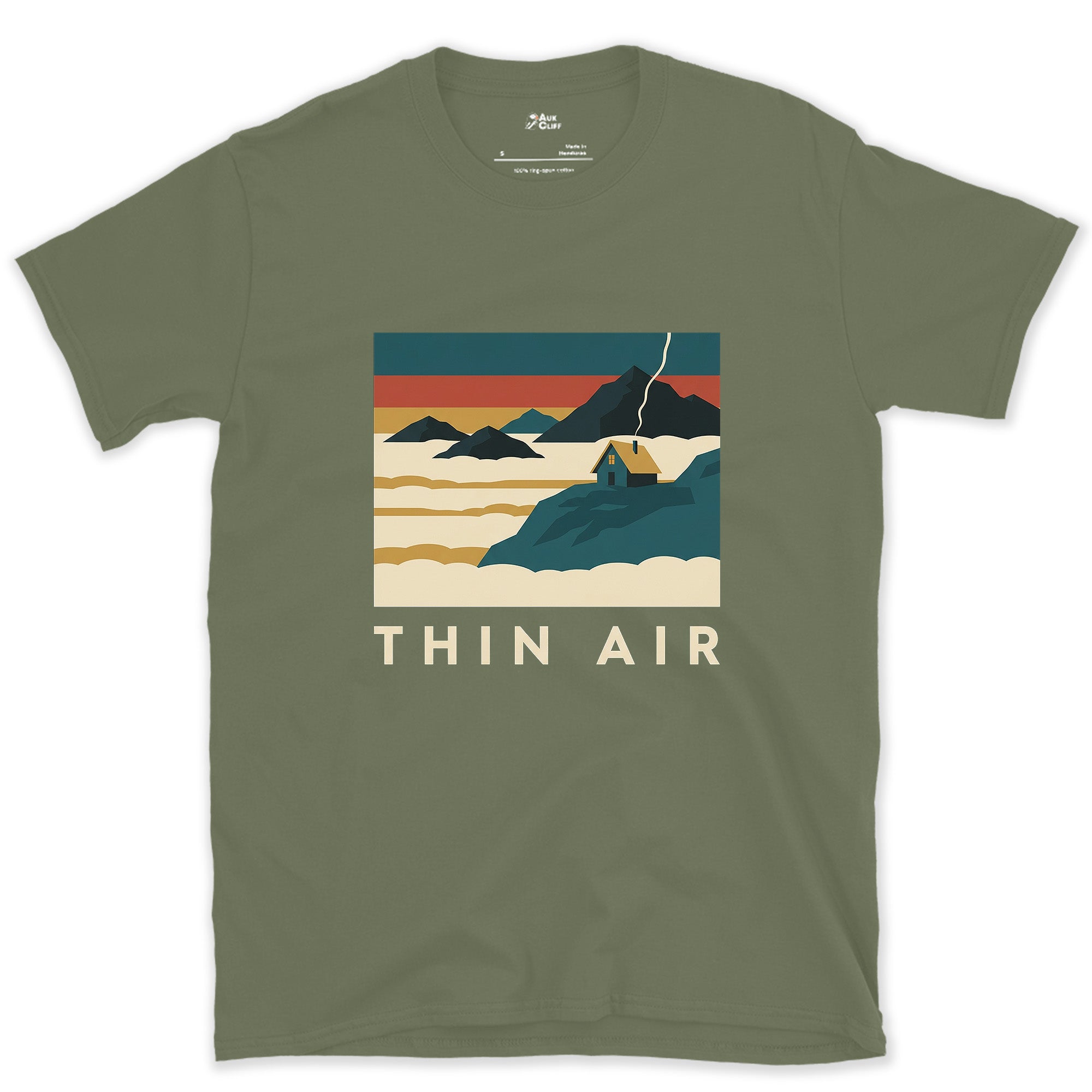 Thin Air, Cabin Above the Cloud Inversion design on a Military Green Gildan Softstyle t-shirt