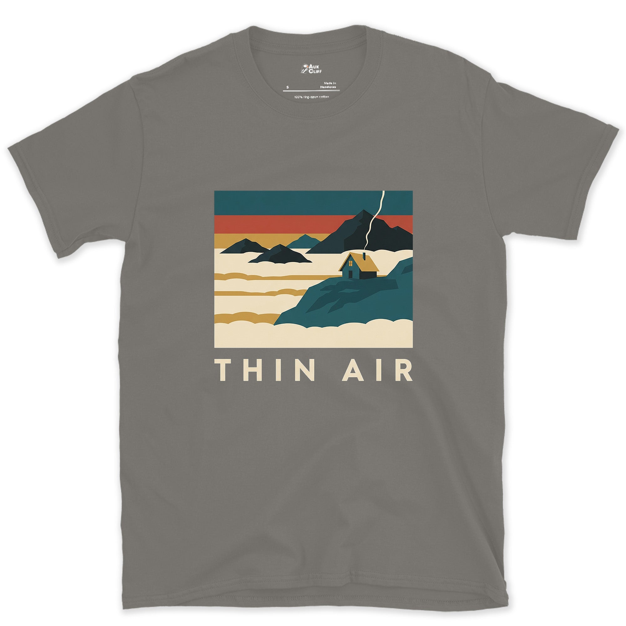 Thin Air, Cabin Above the Cloud Inversion design on a Charcoal Gildan Softstyle t-shirt