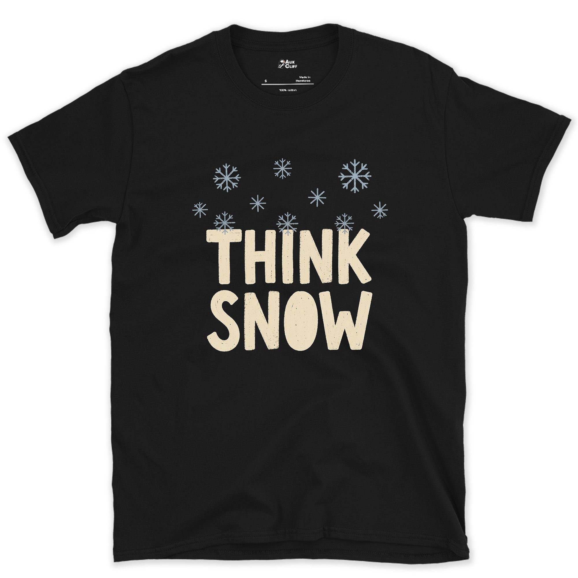 Think Snow, Snowflakes in the Air design on a Black Gildan Softstyle t-shirt
