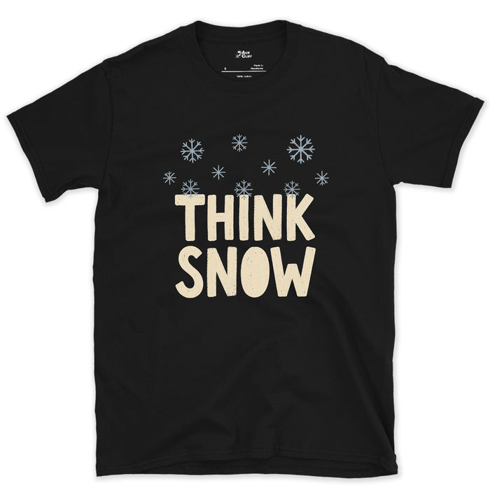 Think Snow, Snowflakes in the Air design on a Black Gildan Softstyle t-shirt