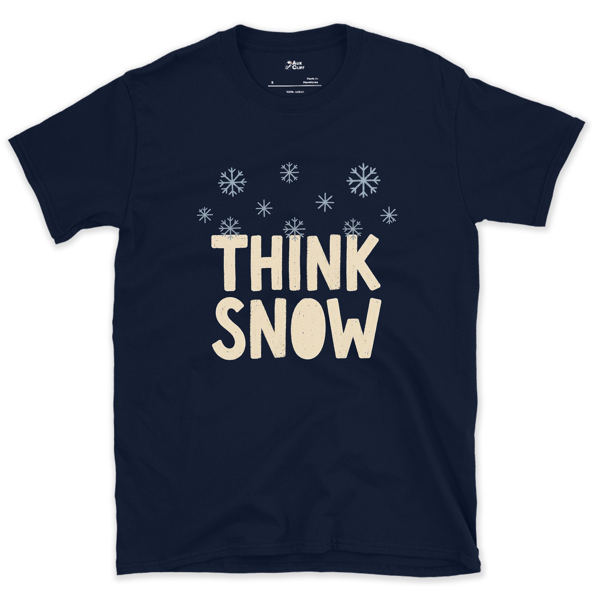 Think Snow, Snowflakes in the Air design on a Navy Gildan Softstyle t-shirt