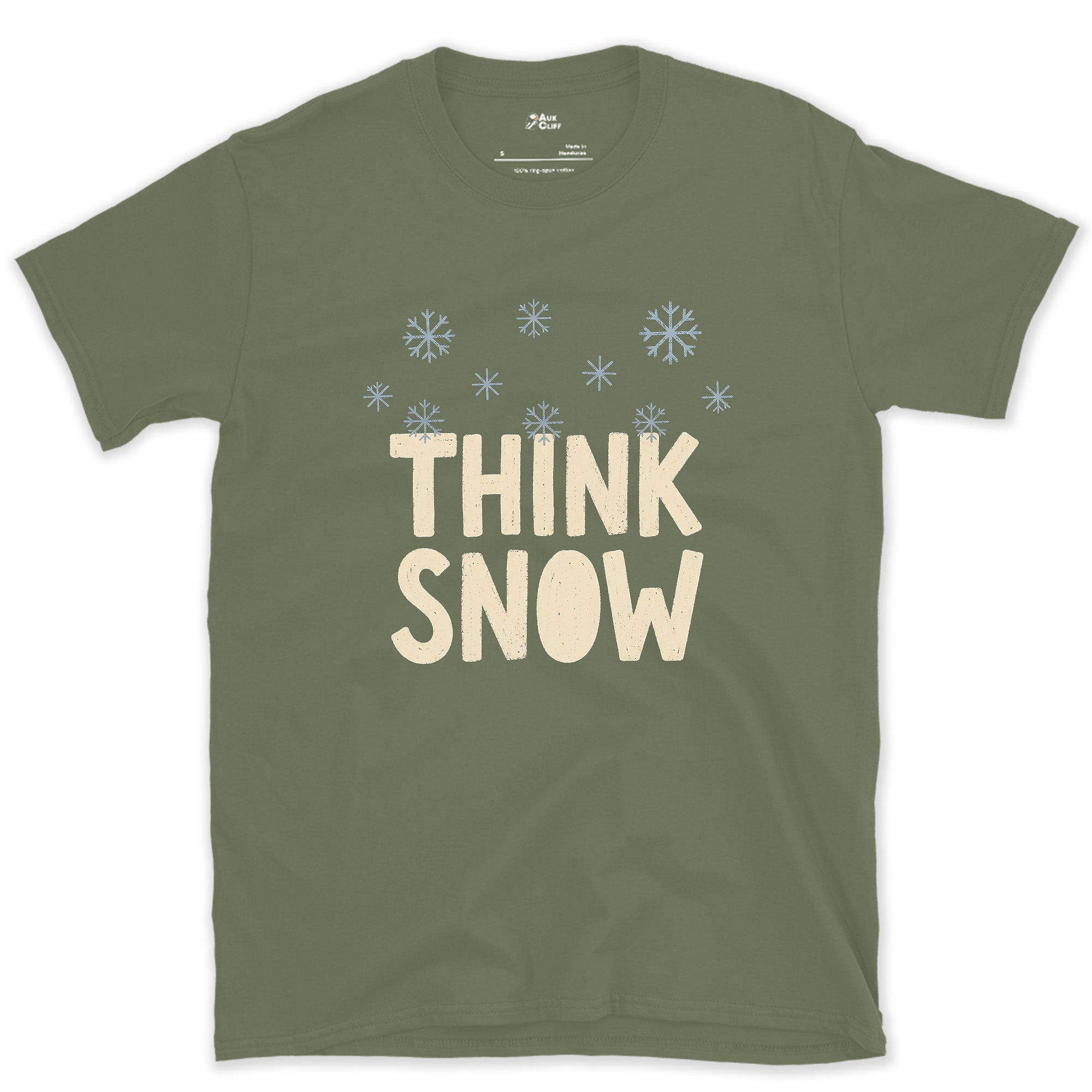 Think Snow, Snowflakes in the Air design on a Military Green Gildan Softstyle t-shirt