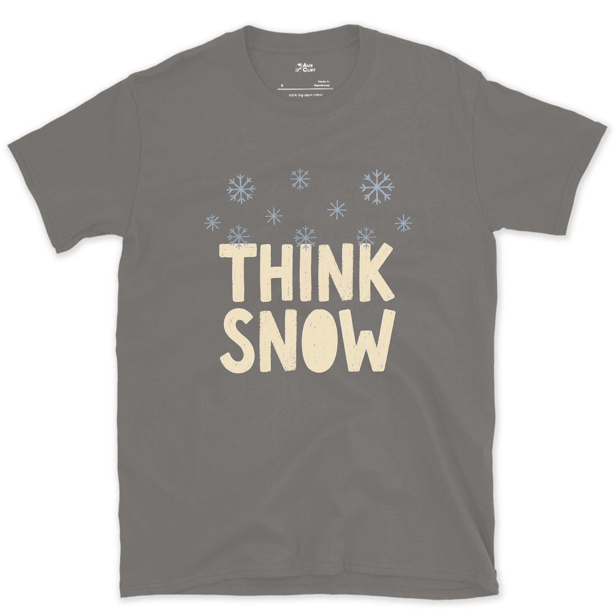 Think Snow, Snowflakes in the Air design on a Charcoal Gildan Softstyle t-shirt