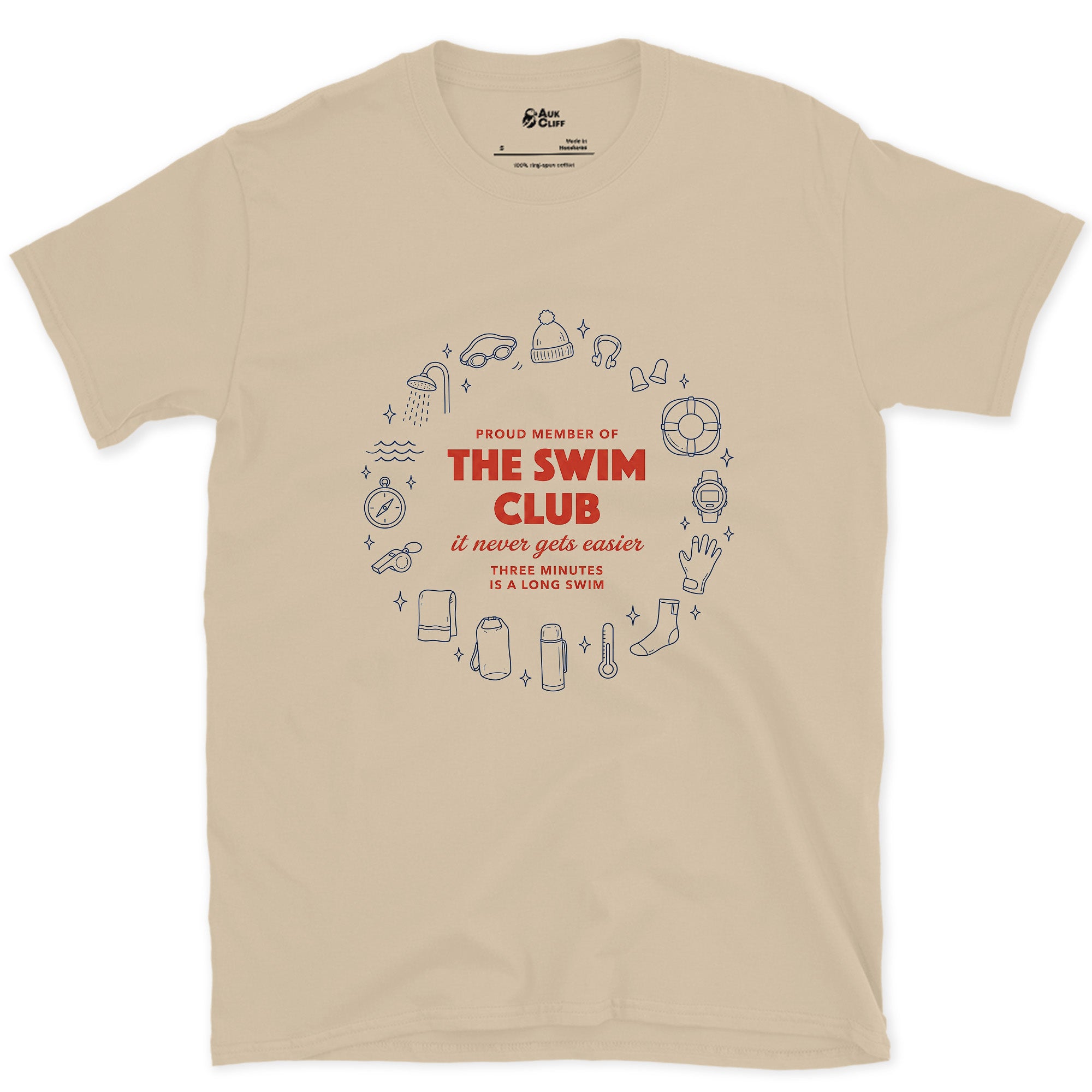 It Never Gets Easier, Three Minutes Is a Long Swim design on a Sand Gildan Softstyle t-shirt