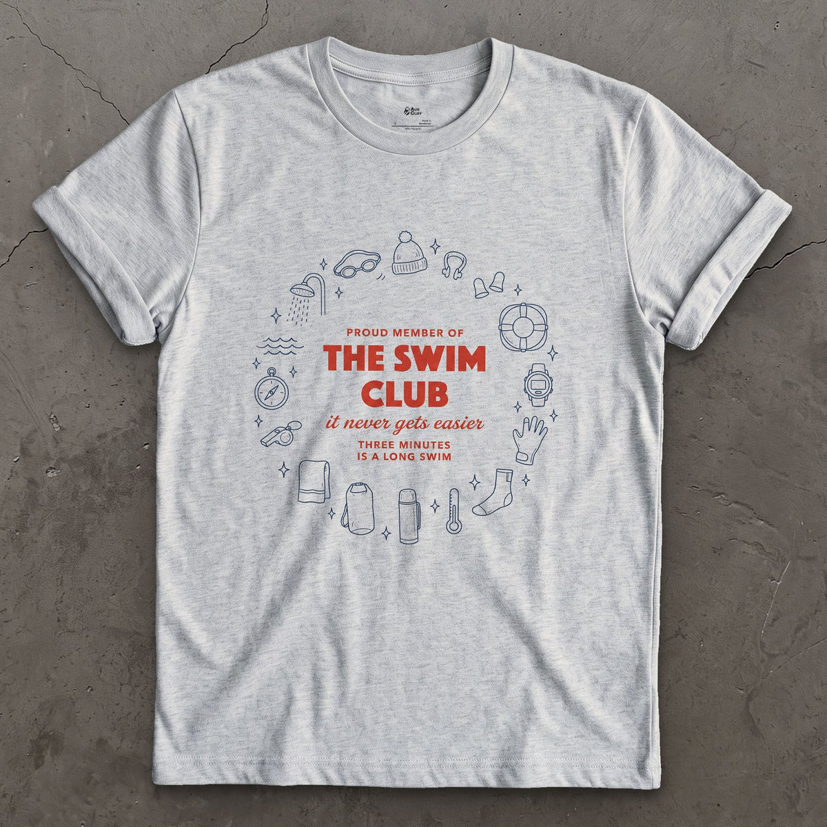 It Never Gets Easier, Three Minutes Is a Long Swim design on a Sport Grey Gildan Softstyle t-shirt