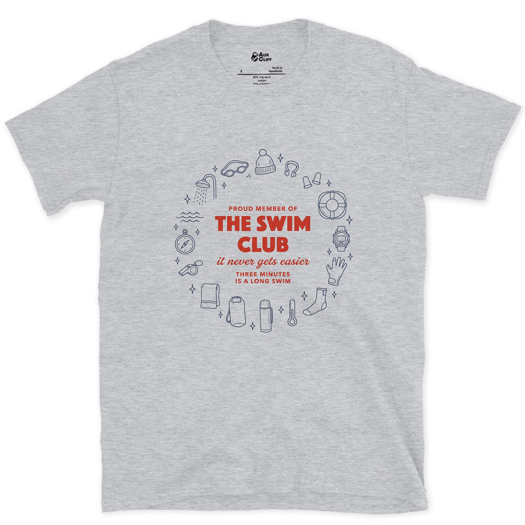 It Never Gets Easier, Three Minutes Is a Long Swim design on a Sport Grey Gildan Softstyle t-shirt