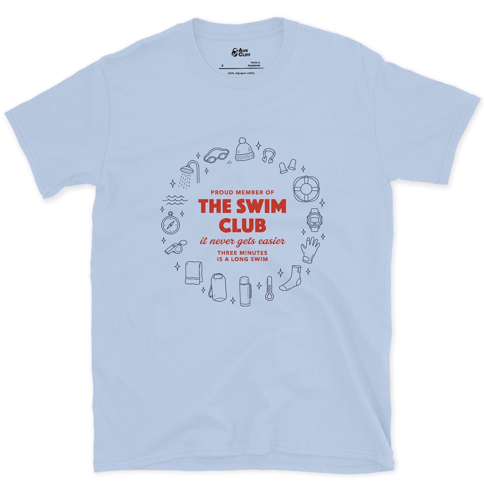 It Never Gets Easier, Three Minutes Is a Long Swim design on a Light Blue Gildan Softstyle t-shirt
