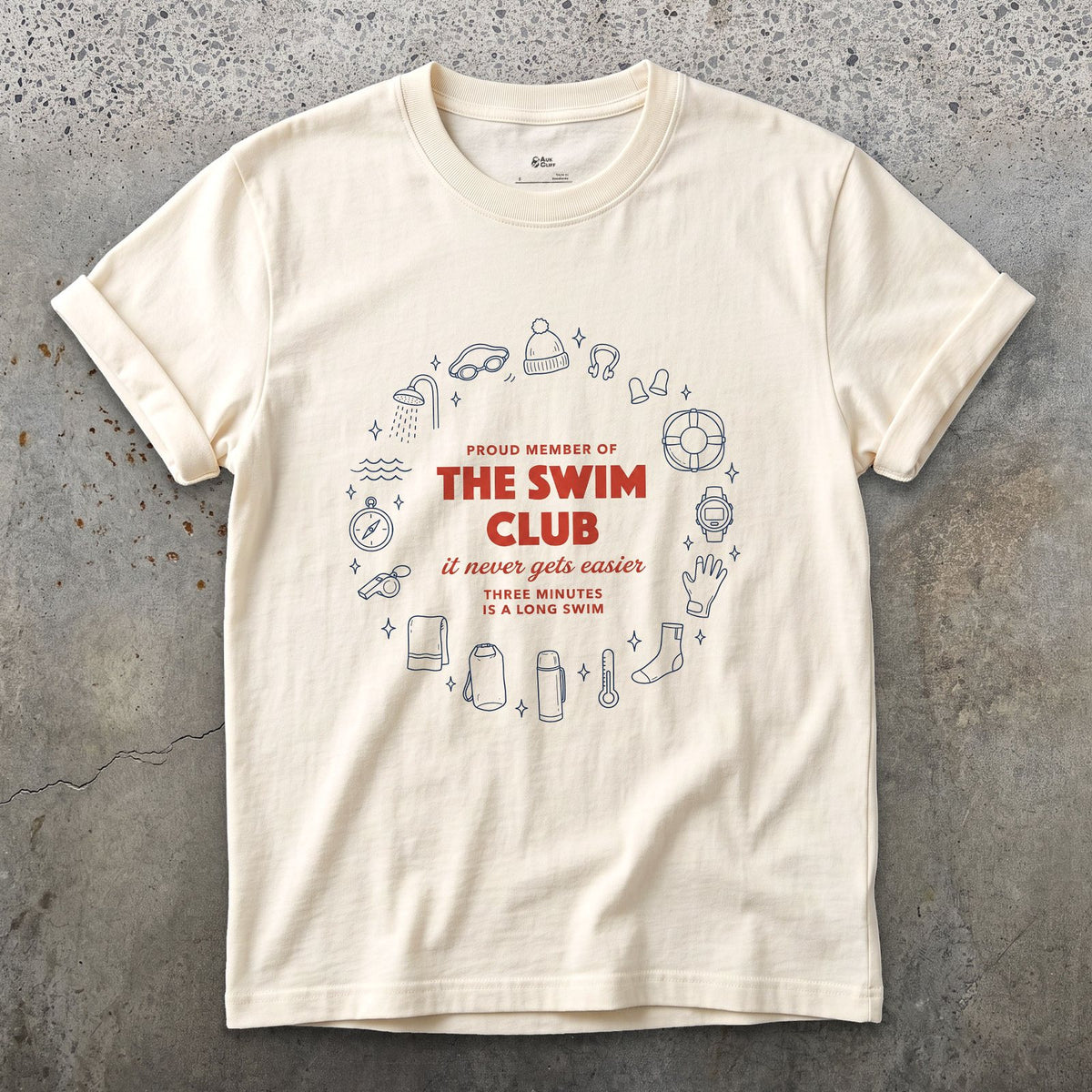It Never Gets Easier, Three Minutes Is a Long Swim design on a Natural Gildan Softstyle t-shirt