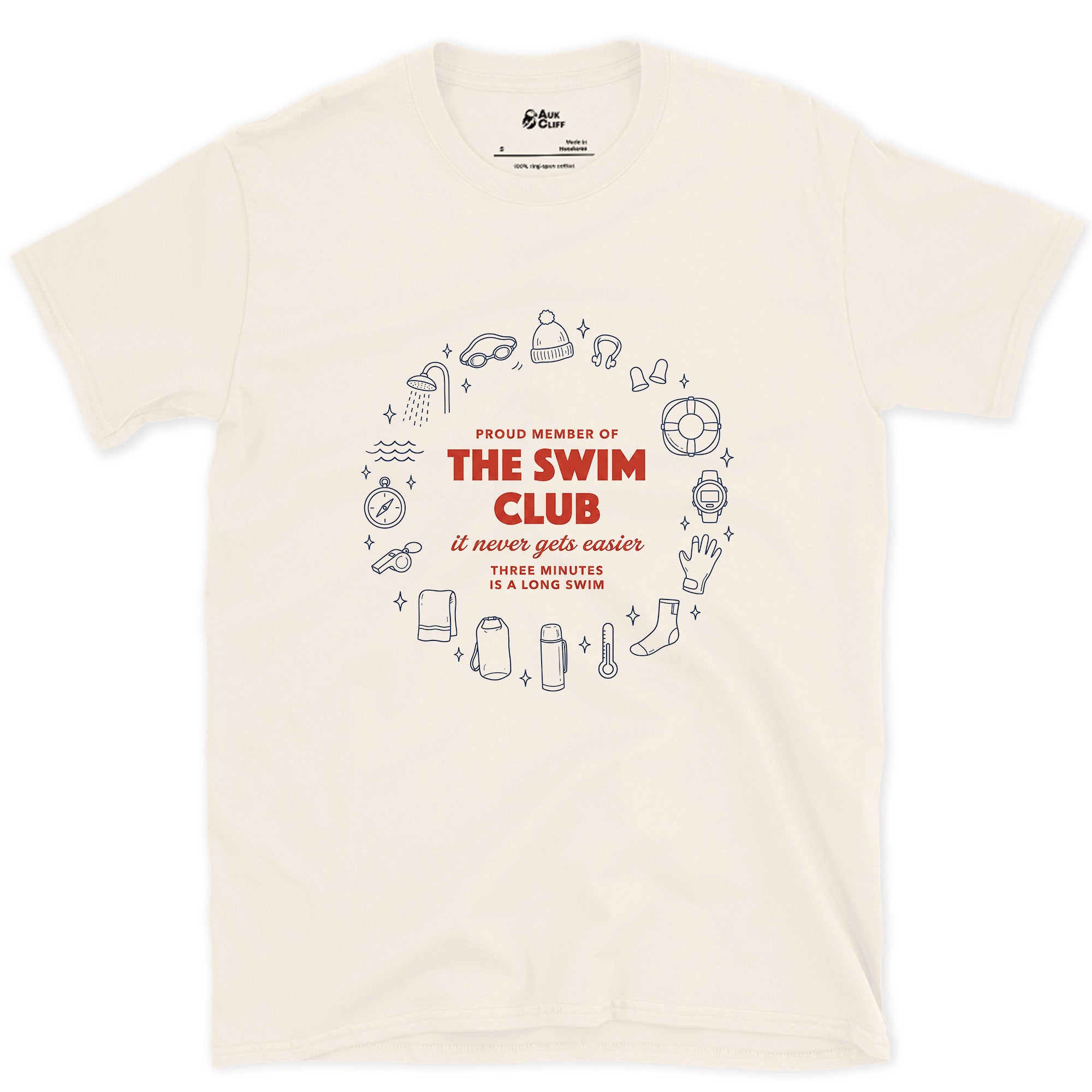 It Never Gets Easier, Three Minutes Is a Long Swim design on a Natural Gildan Softstyle t-shirt
