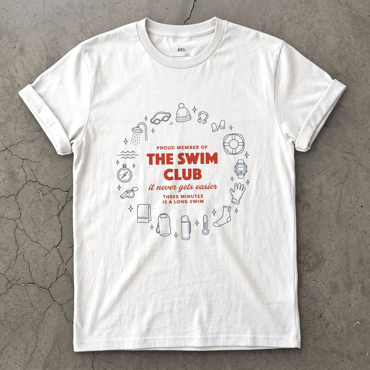 It Never Gets Easier, Three Minutes Is a Long Swim design on a White Gildan Softstyle t-shirt