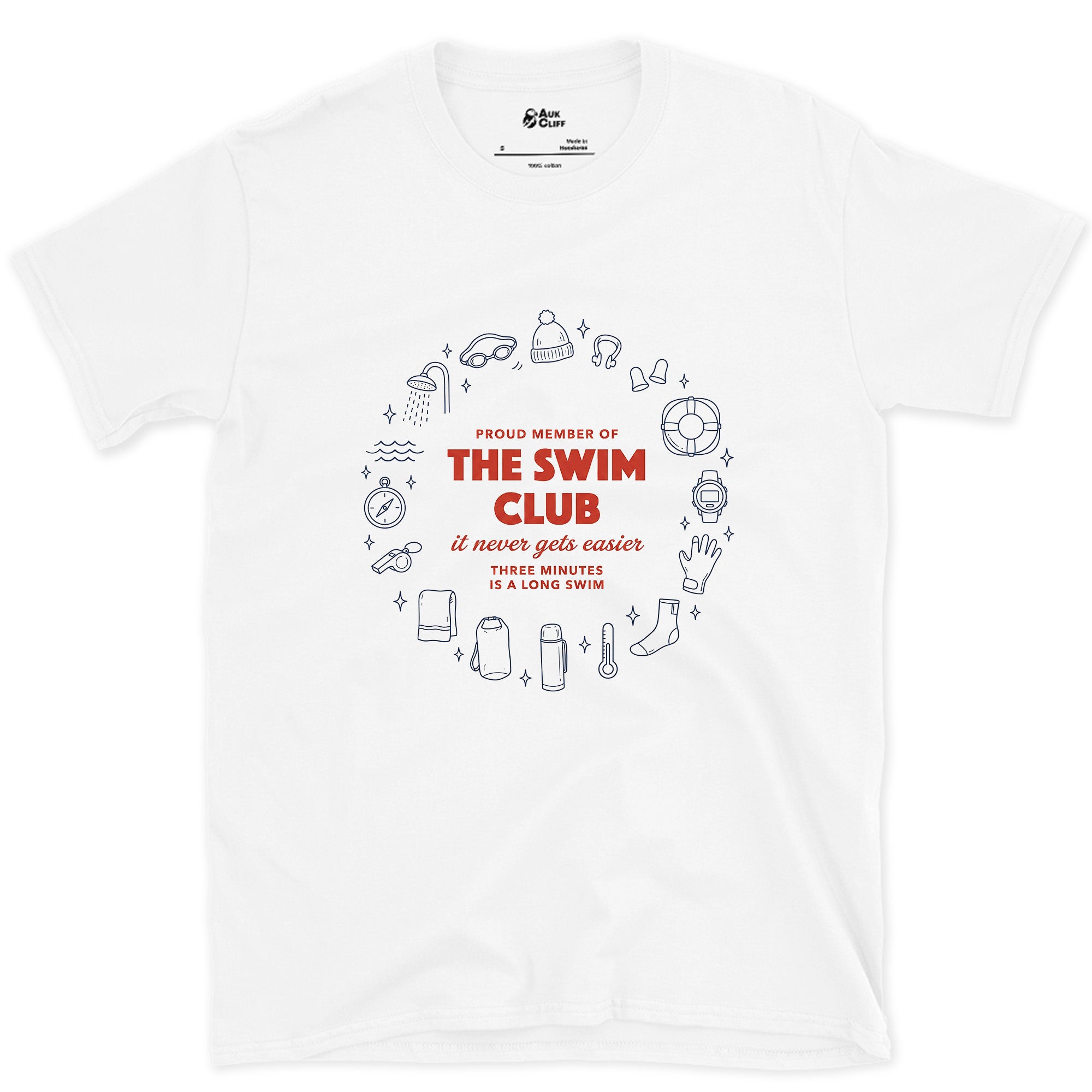 It Never Gets Easier, Three Minutes Is a Long Swim design on a White Gildan Softstyle t-shirt
